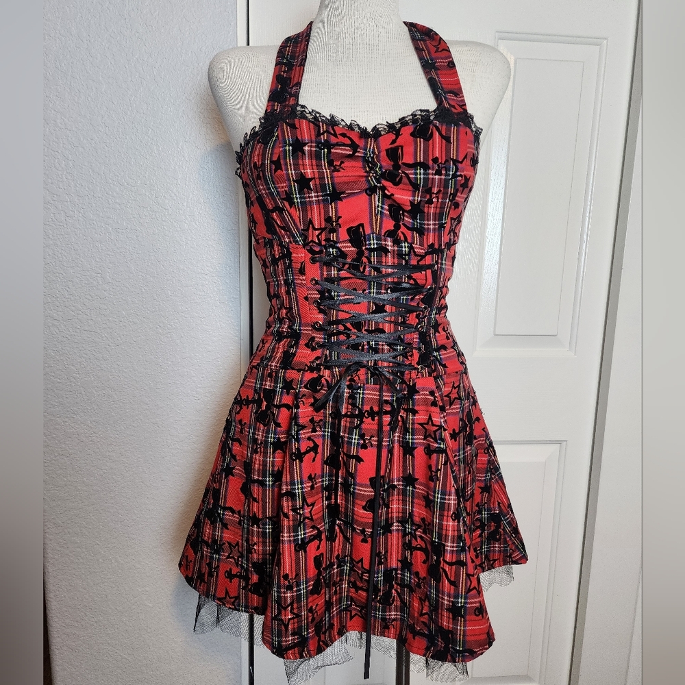 Hearts & Roses Red & Black Halter Stars Lace Plaid Tulle Dress Size 6